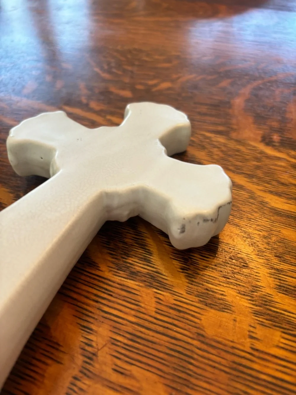 Decorative Ceramic Cross Figurine in Cream with Gold Trim